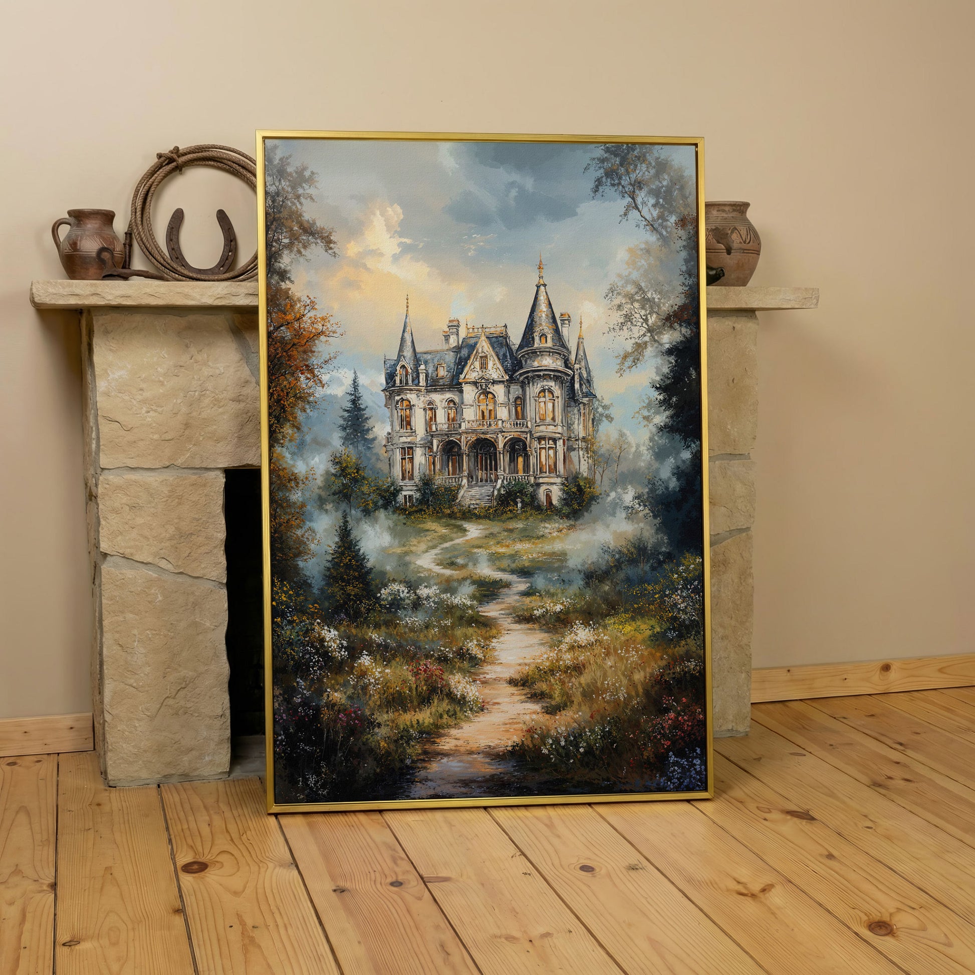 Enchanted Castle in the Mist. Fantasy Landscape Canvas Art in yellow gold floating frame
