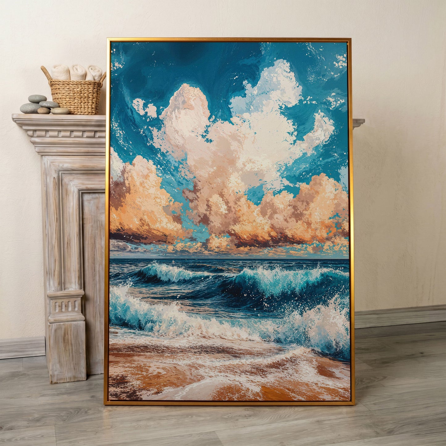 Sandy Beach Seascape Canvas Print with Azure & Peach Tones in antique gold floating frame
