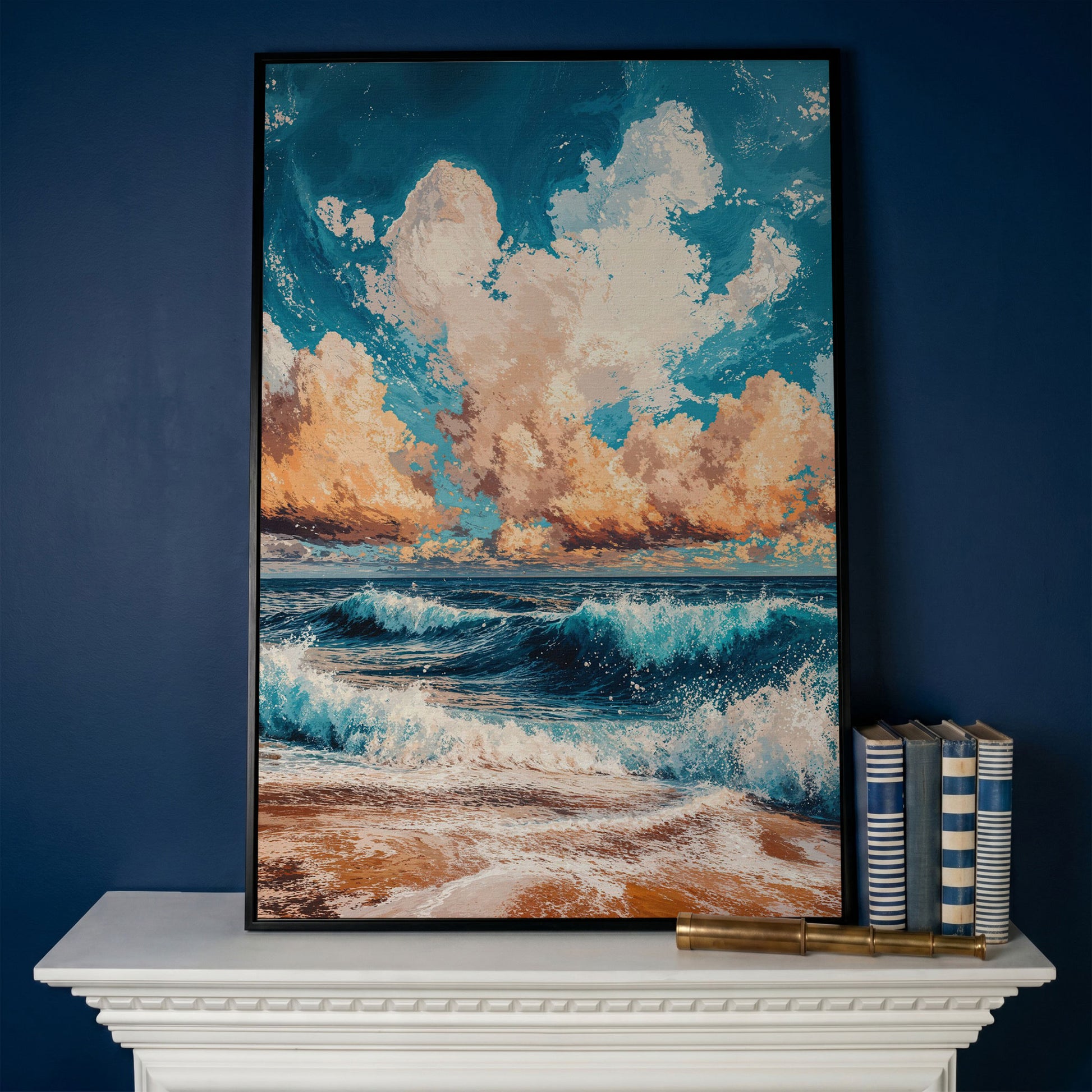 Sandy Beach Seascape Canvas Print with Azure & Peach Tones in black floating frame