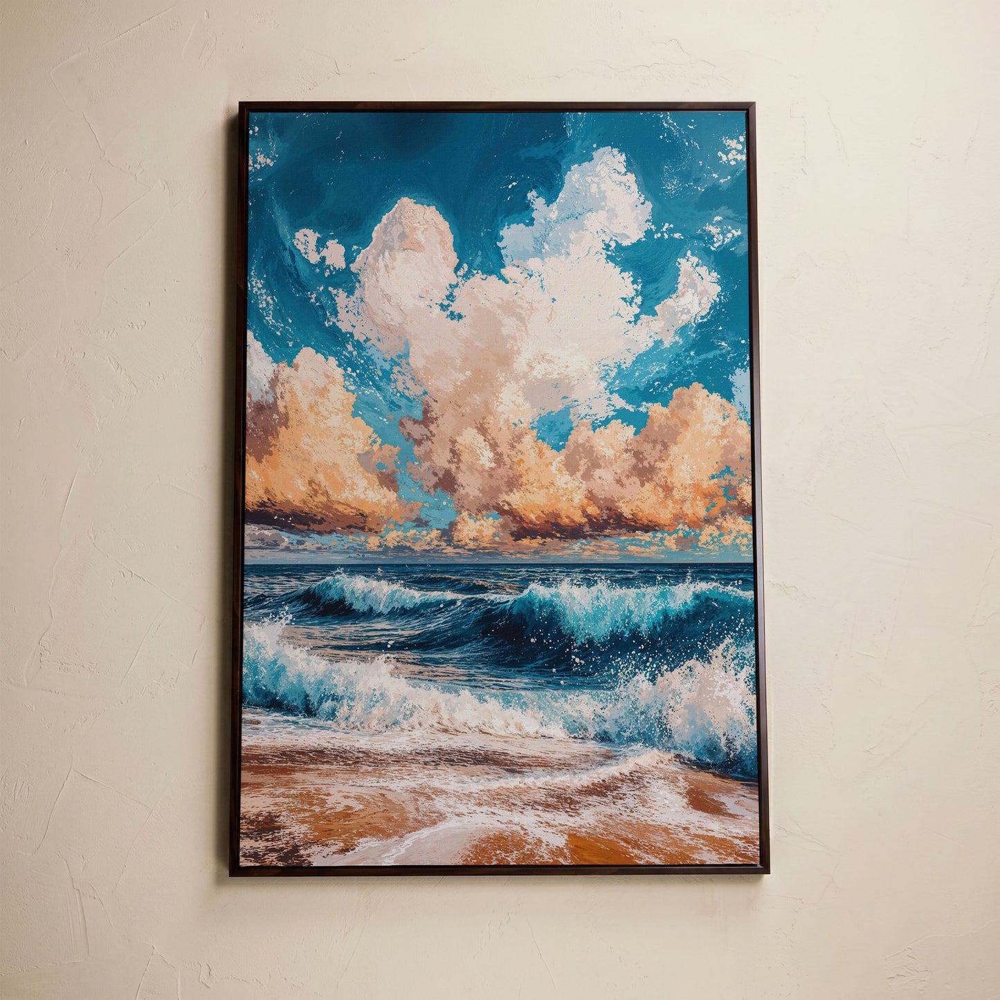 Sandy Beach Seascape Canvas Print with Azure & Peach Tones in dark walnut floating frame