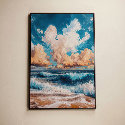 Sandy Beach Seascape Canvas Print with Azure & Peach Tones in dark walnut floating frame