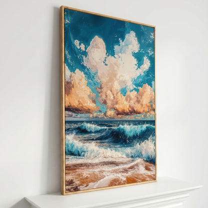 Sandy Beach Seascape Canvas Print with Azure & Peach Tones in white oak floating frame