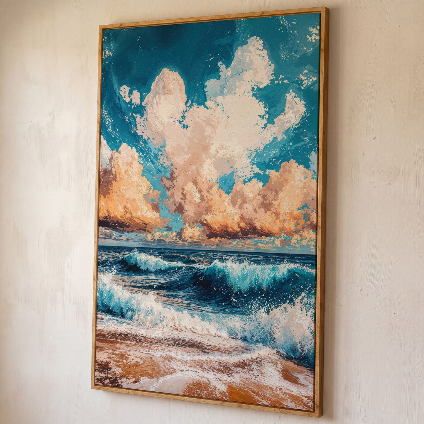Sandy Beach Seascape Canvas Print with Azure & Peach Tones shown in white oak floating frame