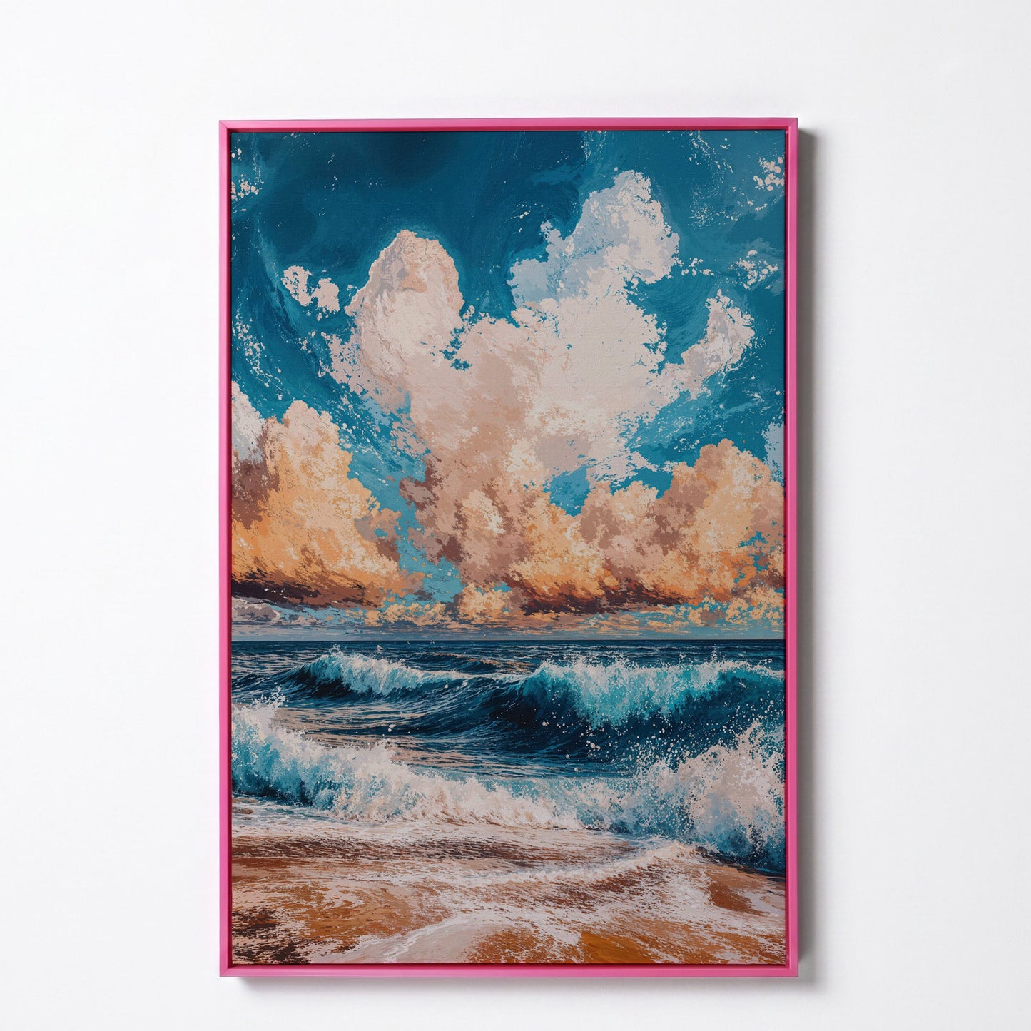 Sandy Beach Seascape Canvas Print with Azure & Peach Tones in pink floating frame