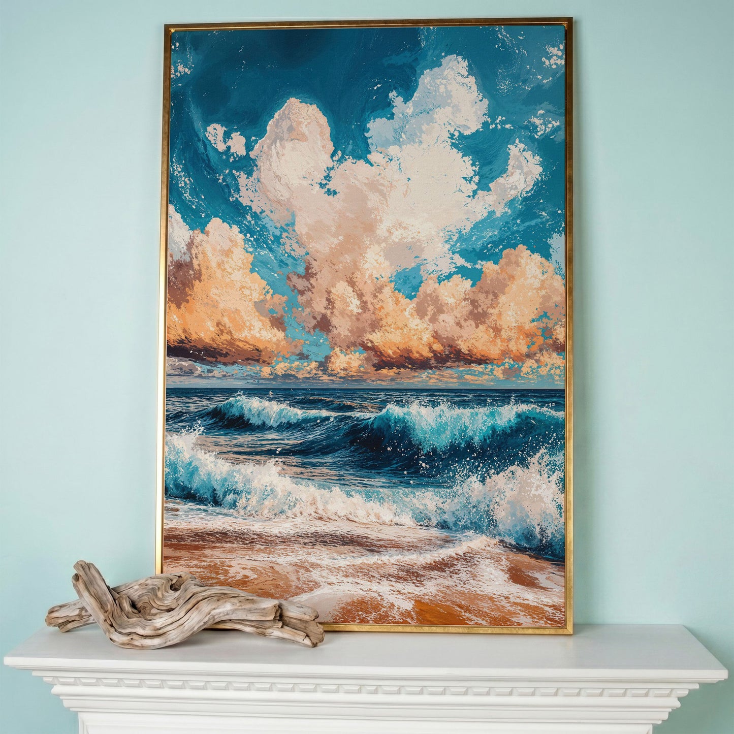 Sandy Beach Seascape Canvas Print with Azure & Peach Tones in rose gold floating frame