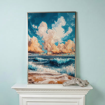 Sandy Beach Seascape Canvas Print with Azure & Peach Tones in silver floating frame