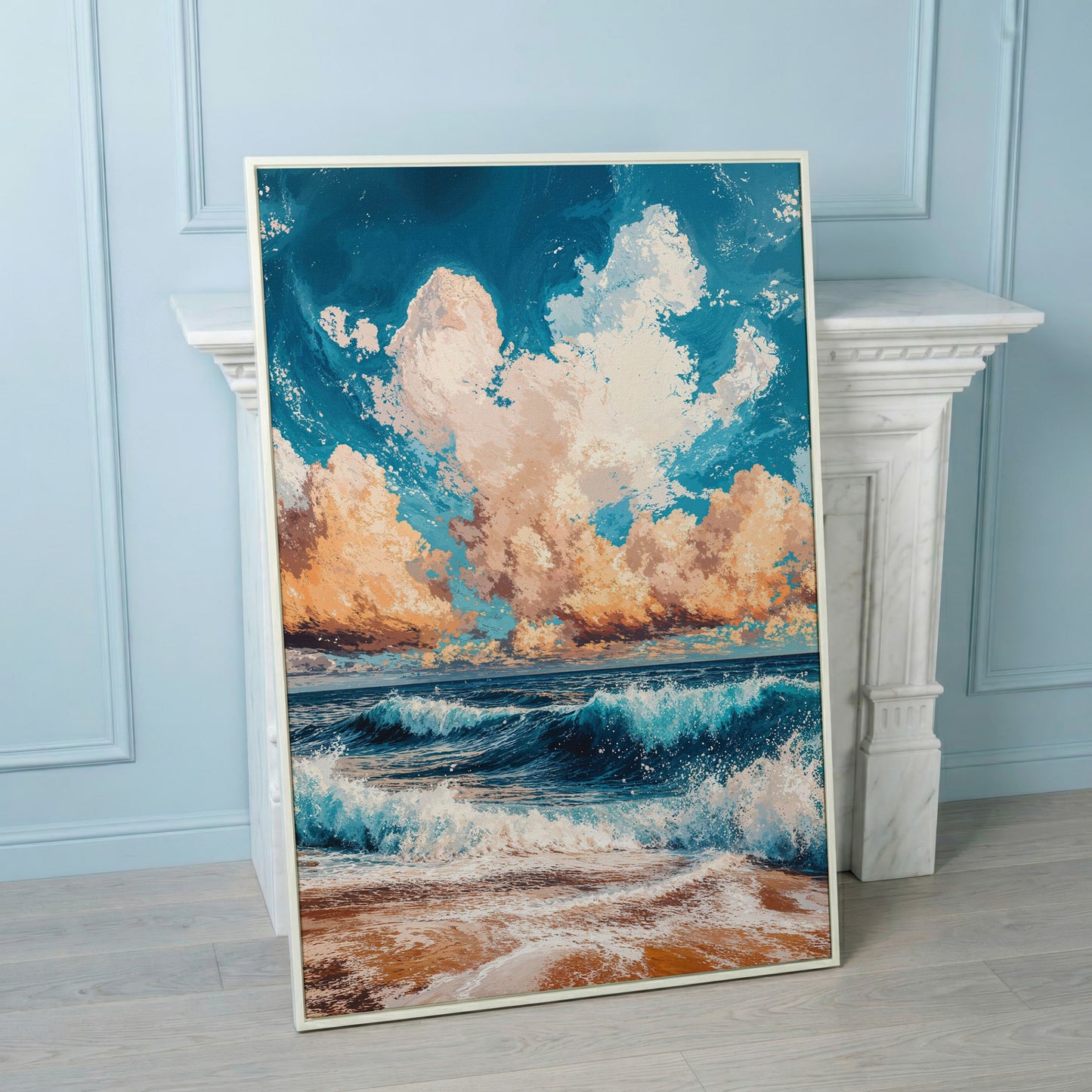 Sandy Beach Seascape Canvas Print with Azure & Peach Tones in white floating frame