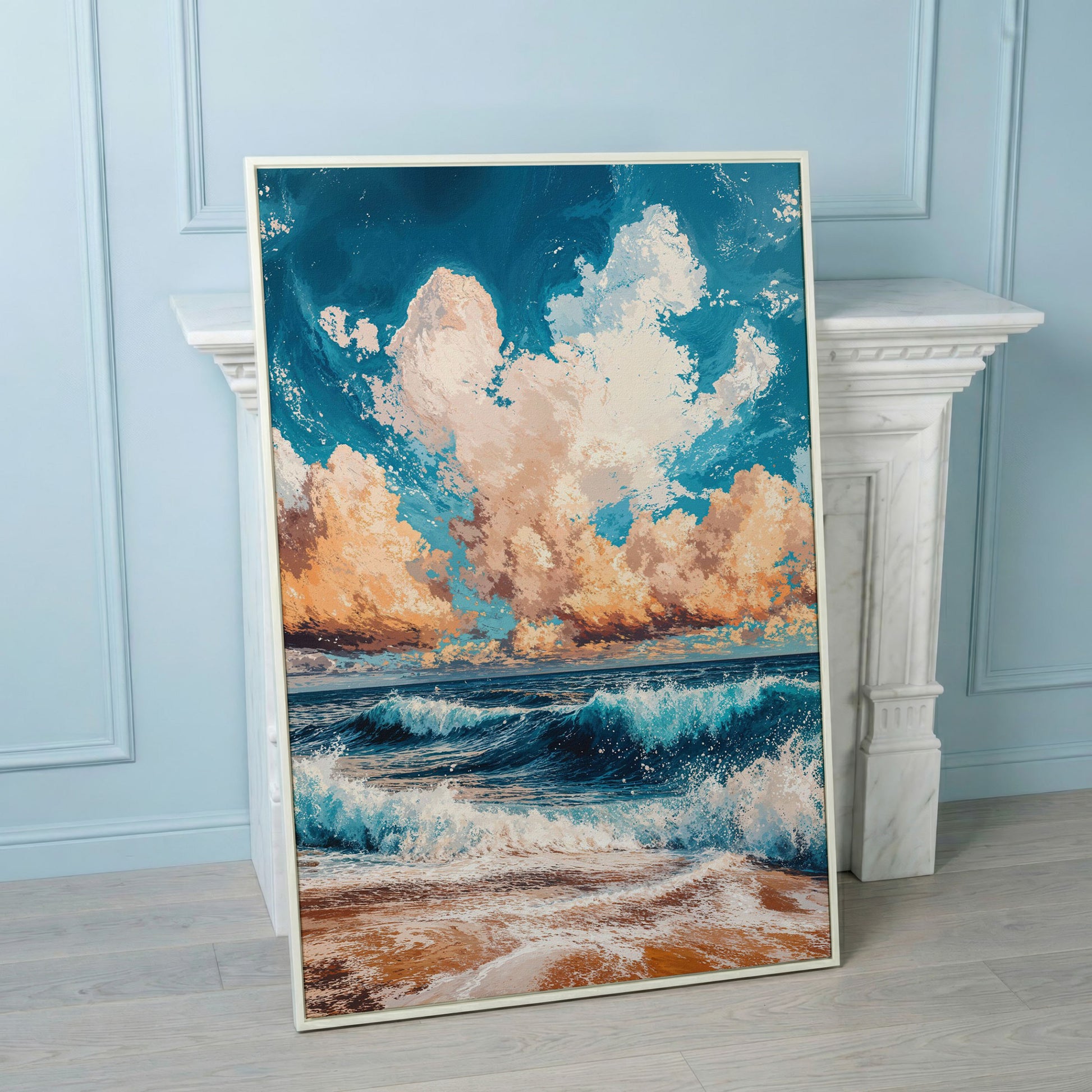 Sandy Beach Seascape Canvas Print with Azure & Peach Tones in white floating frame