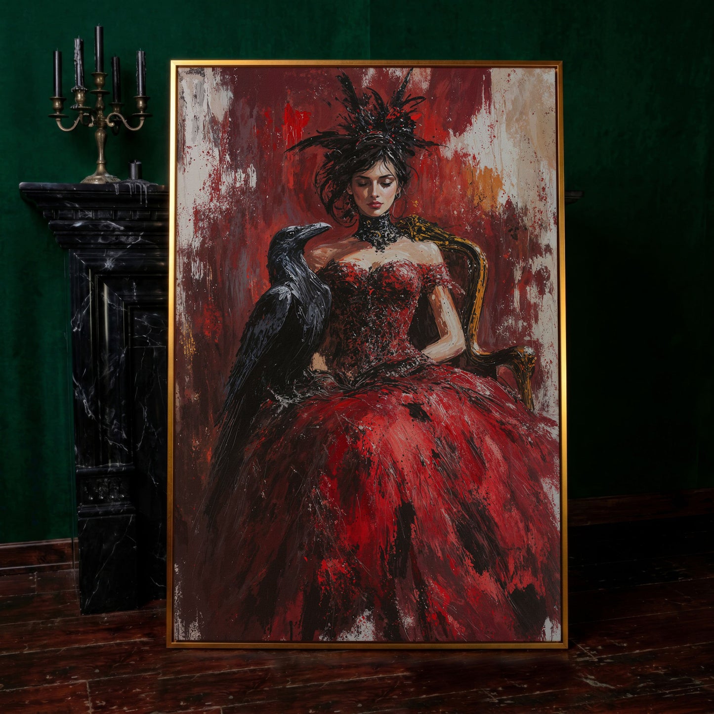 Gothic Lady in Red Dress with Black Raven Canvas in antique gold floating frame