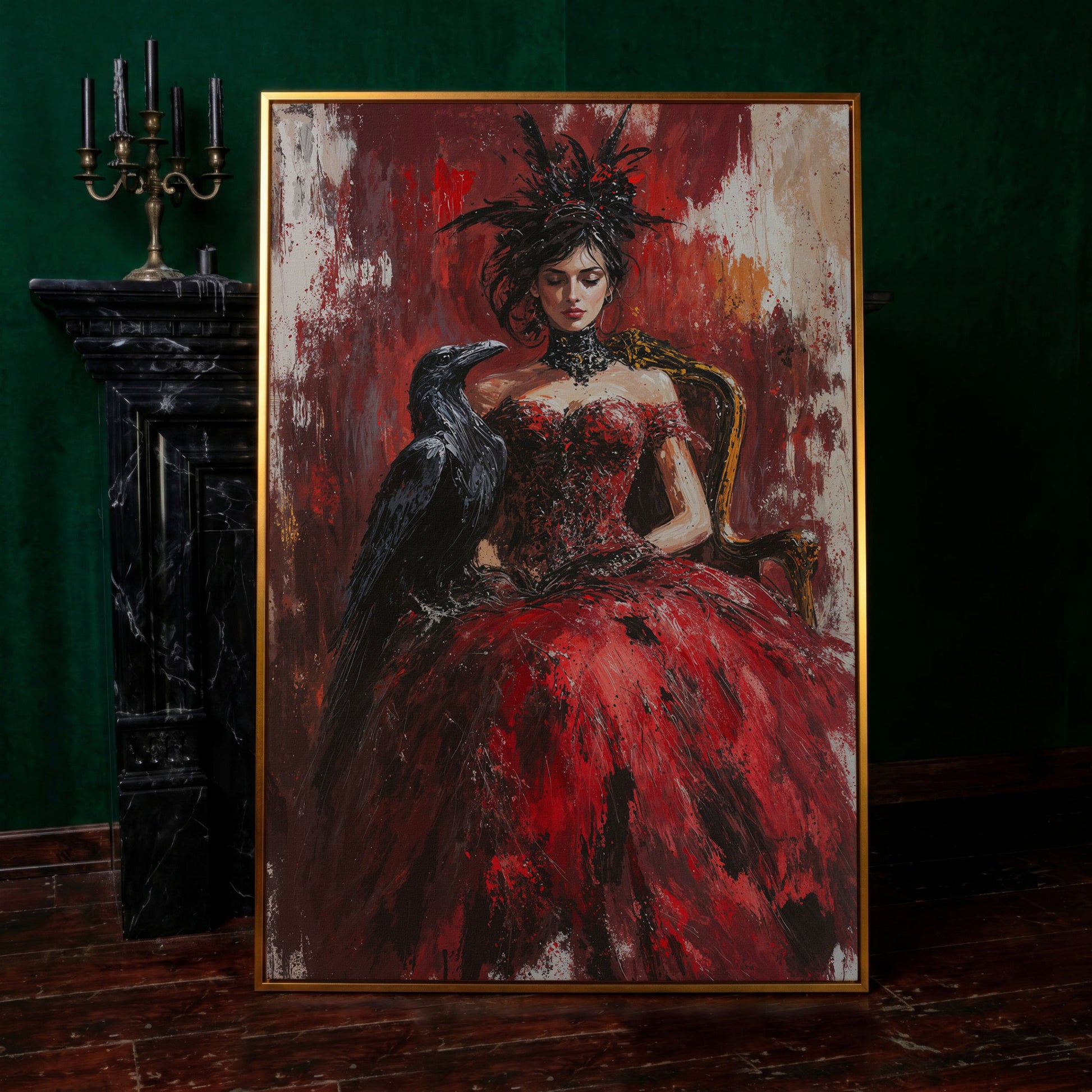 Gothic Lady in Red Dress with Black Raven Canvas in antique gold floating frame