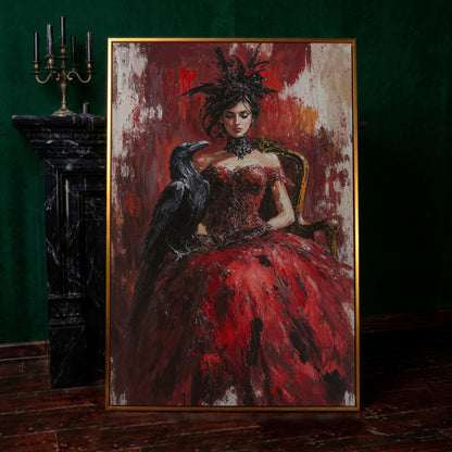 Gothic Lady in Red Dress with Black Raven Canvas in antique gold floating frame