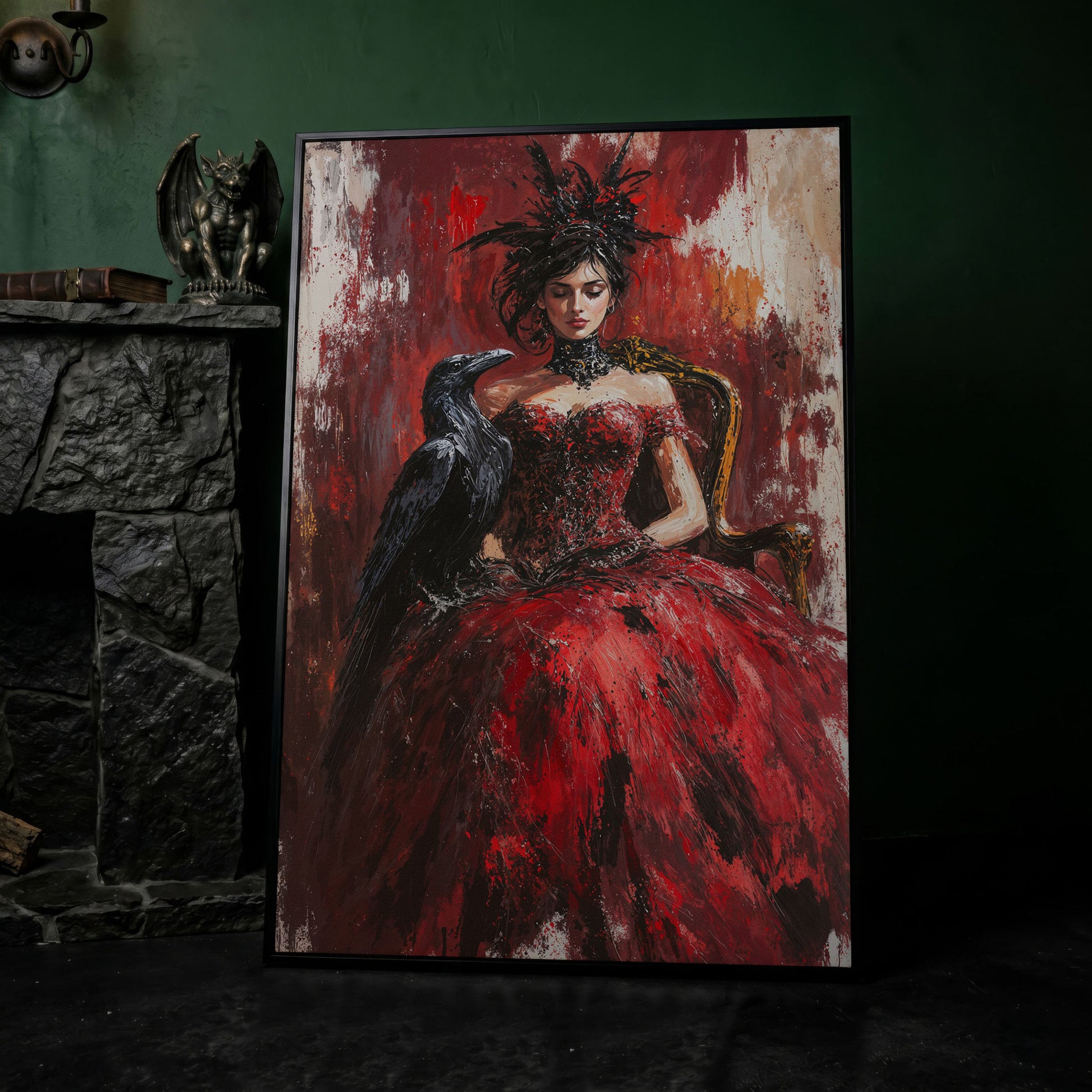 Gothic Lady in Red Dress with Black Raven Canvas in black floating frame