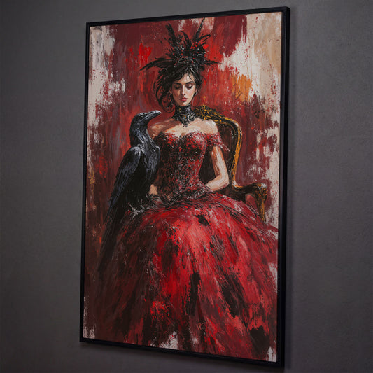 Gothic Lady in Red Dress with Black Raven Canvas shown in black floating frame