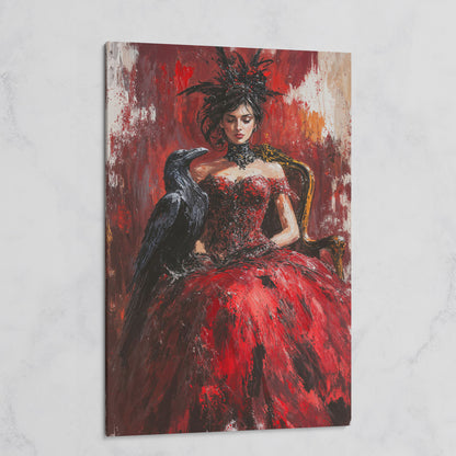 Gothic Lady in Red Dress with Black Raven Canvas on gallery wrap