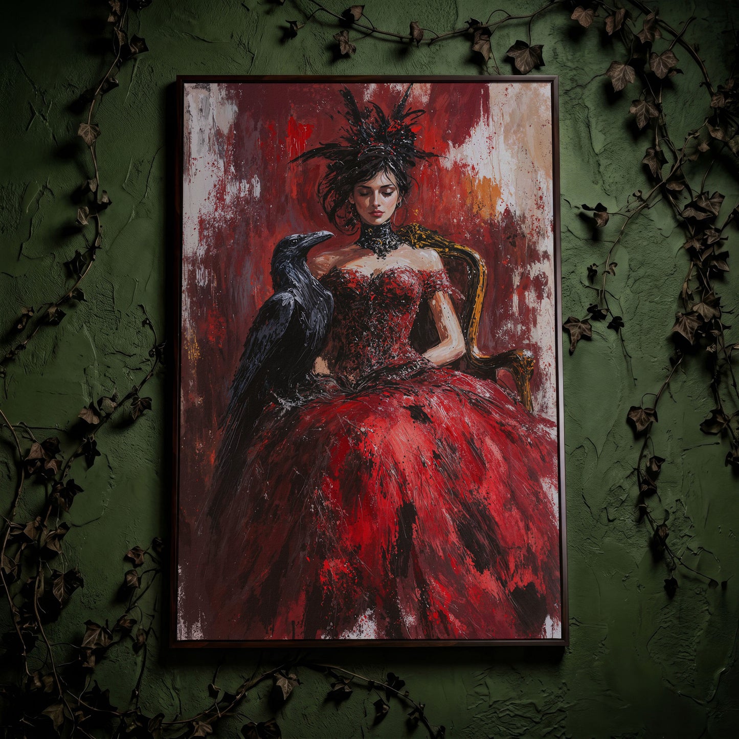 Gothic Lady in Red Dress with Black Raven Canvas in dark walnut floating frame