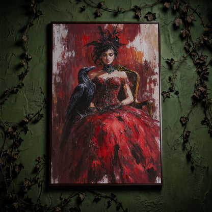 Gothic Lady in Red Dress with Black Raven Canvas in dark walnut floating frame