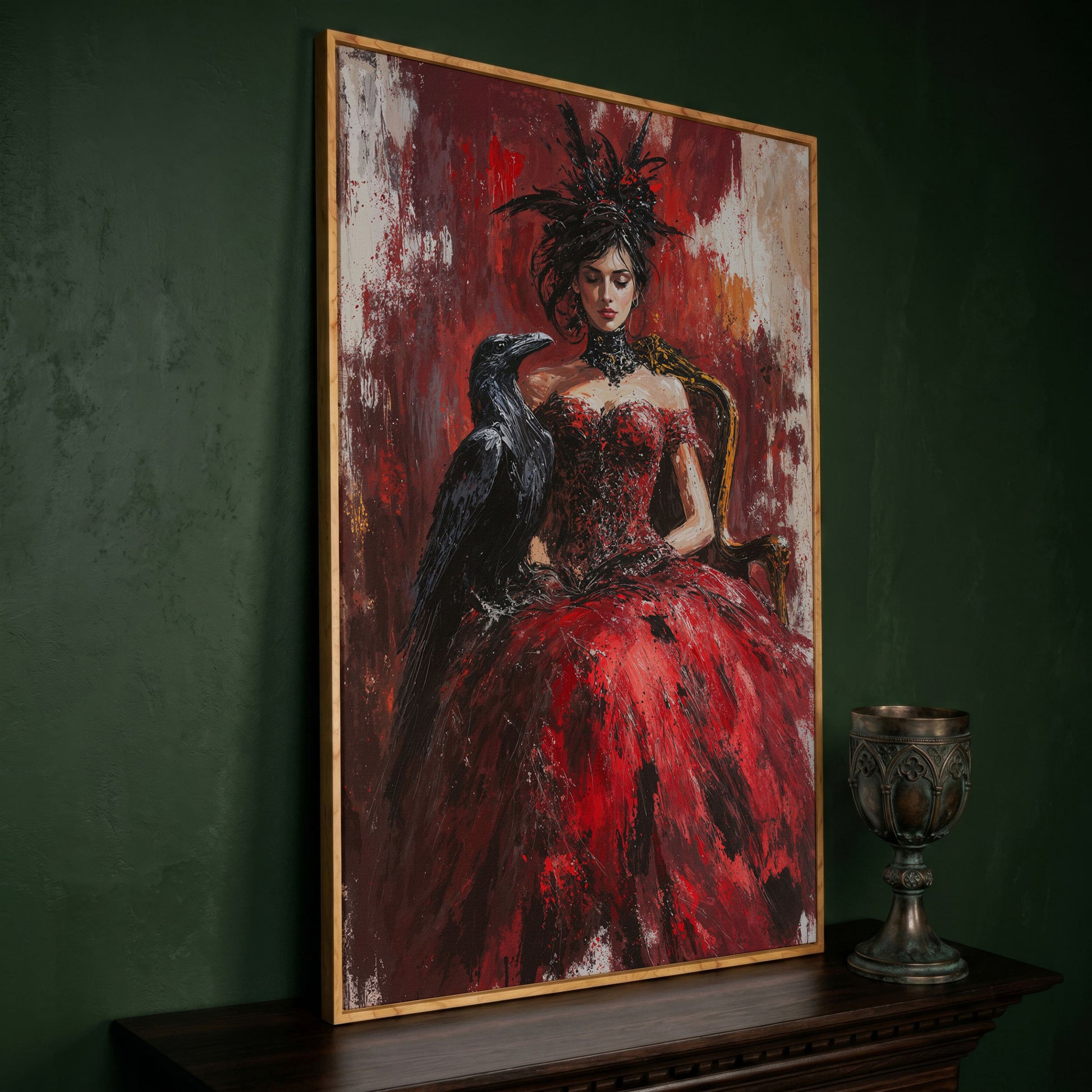 Gothic Lady in Red Dress with Black Raven Canvas in white oak floating frame