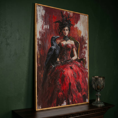 Gothic Lady in Red Dress with Black Raven Canvas in white oak floating frame