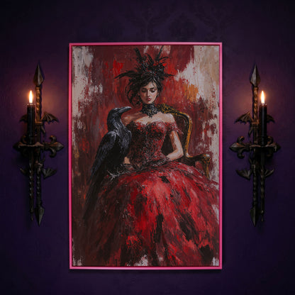 Gothic Lady in Red Dress with Black Raven Canvas in pink floating frame
