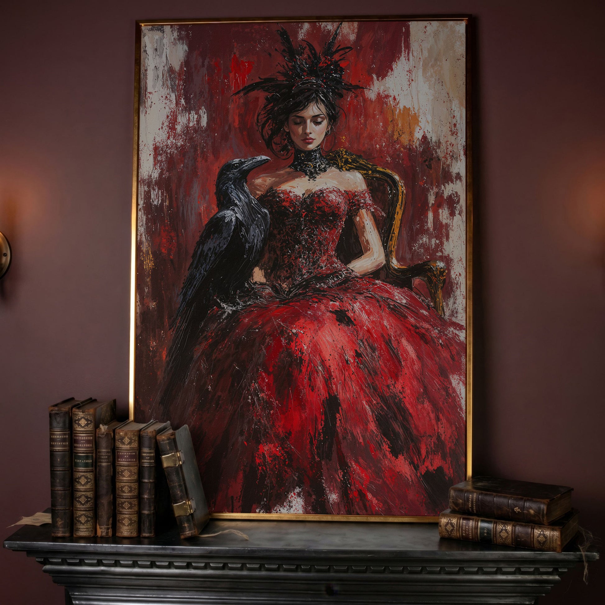 Gothic Lady in Red Dress with Black Raven Canvas in rose gold floating frame