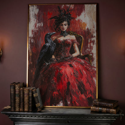 Gothic Lady in Red Dress with Black Raven Canvas in rose gold floating frame