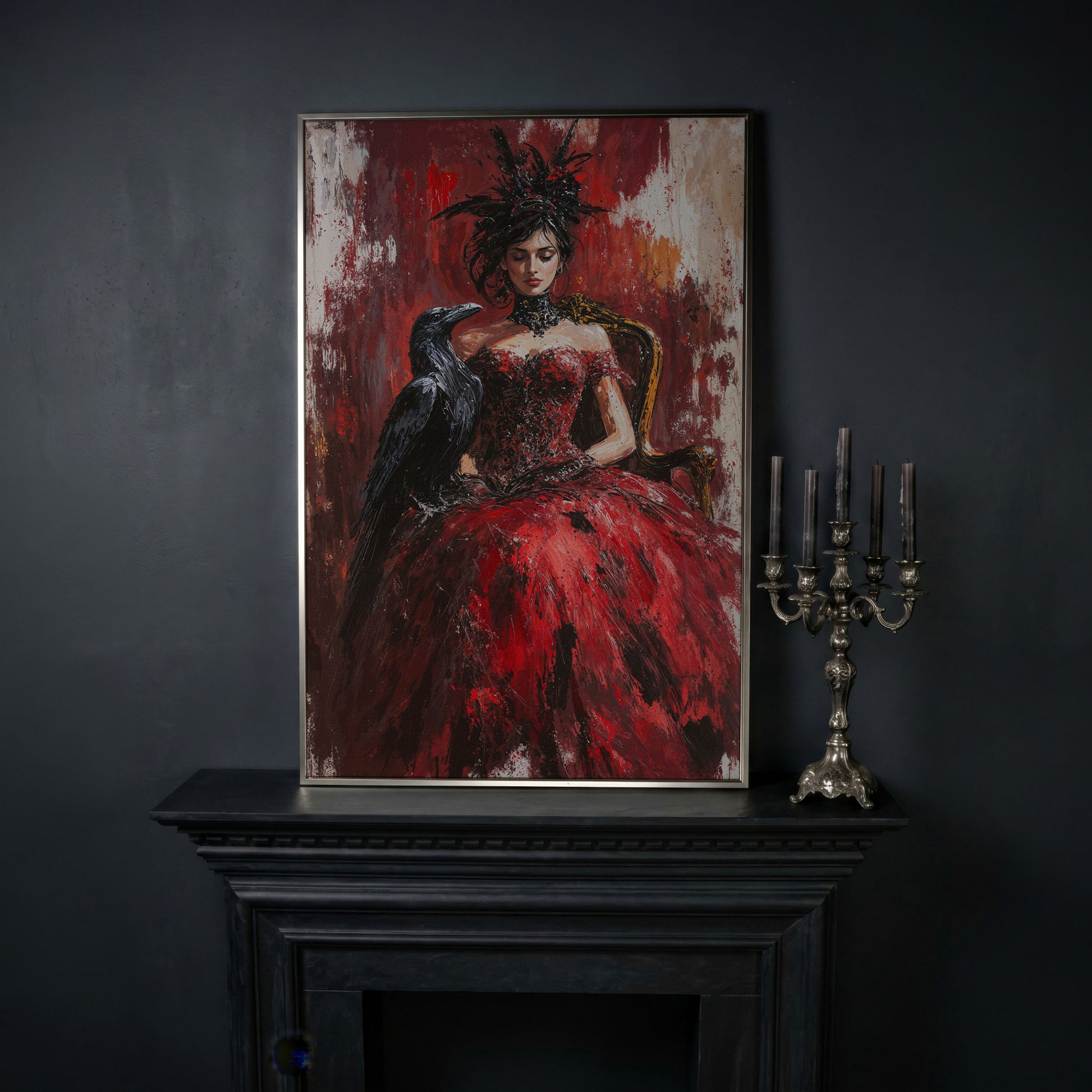 Gothic Lady in Red Dress with Black Raven Canvas in silver floating frame