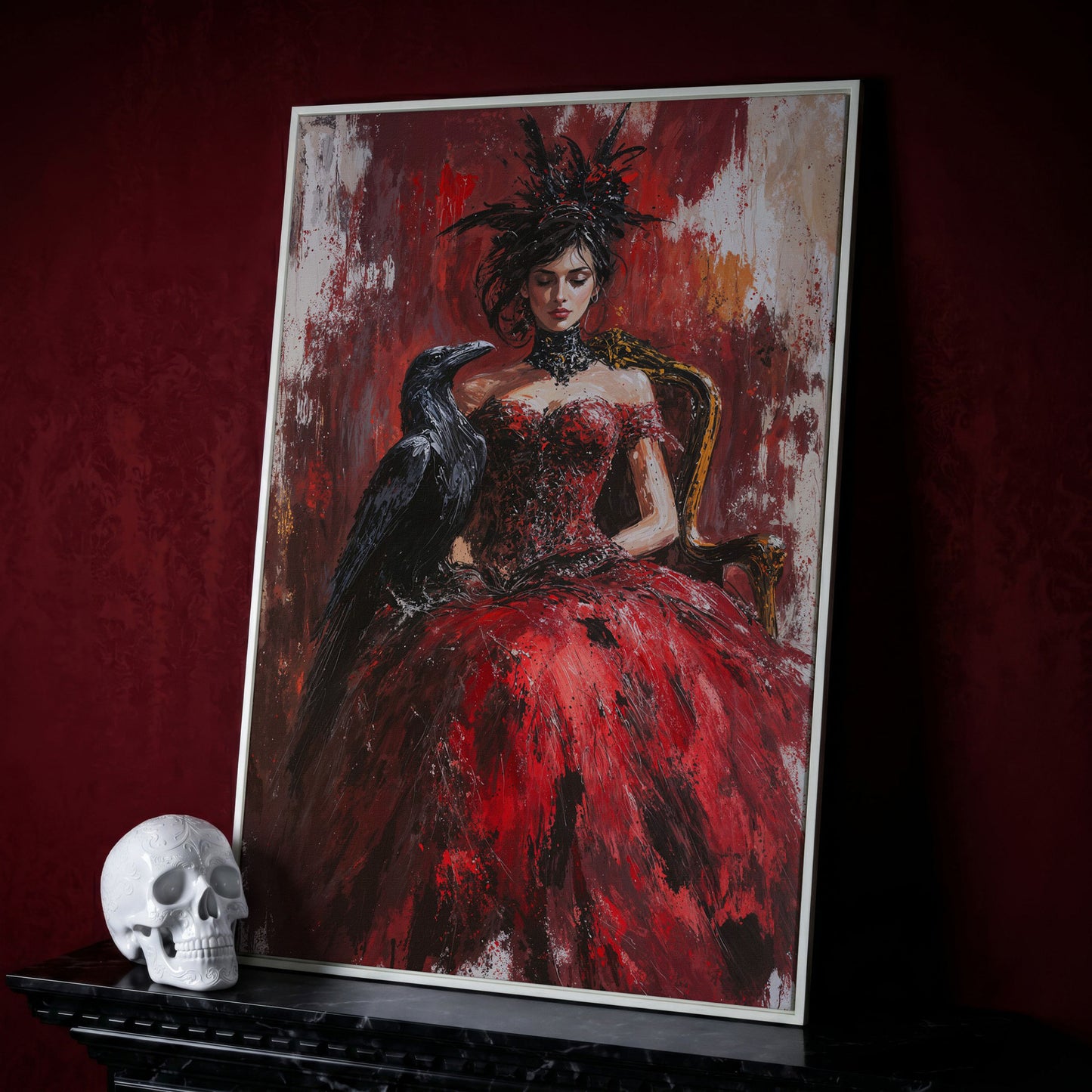Gothic Lady in Red Dress with Black Raven Canvas in white floating frame