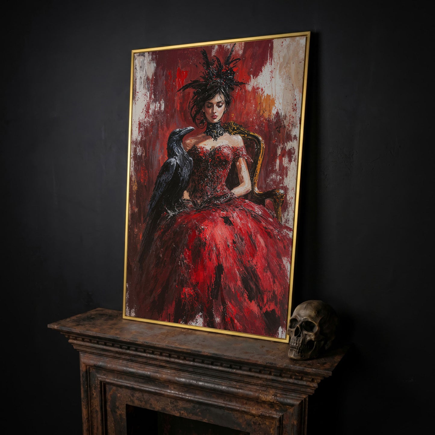Gothic Lady in Red Dress with Black Raven Canvas in yellow gold floating frame
