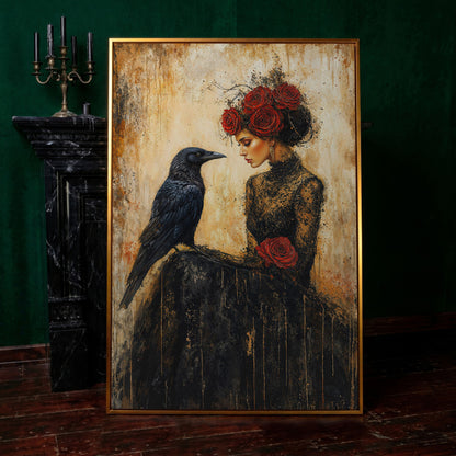 Gothic Lady and Raven Canvas with Red Roses in antique gold floating frame
