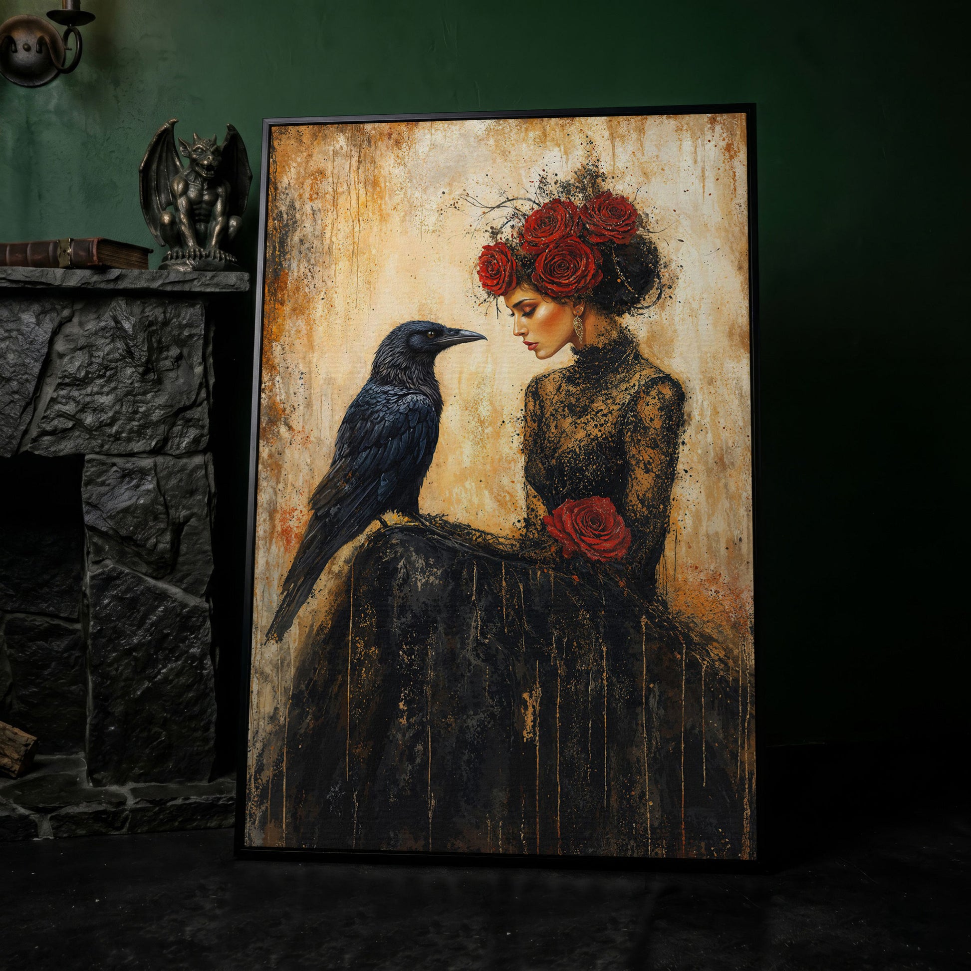 Gothic Lady and Raven Canvas with Red Roses in black floating frame