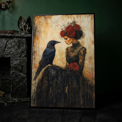 Gothic Lady and Raven Canvas with Red Roses in black floating frame