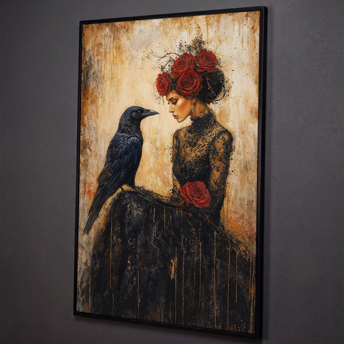 Gothic Lady and Raven Canvas with Red Roses shown in black floating frame