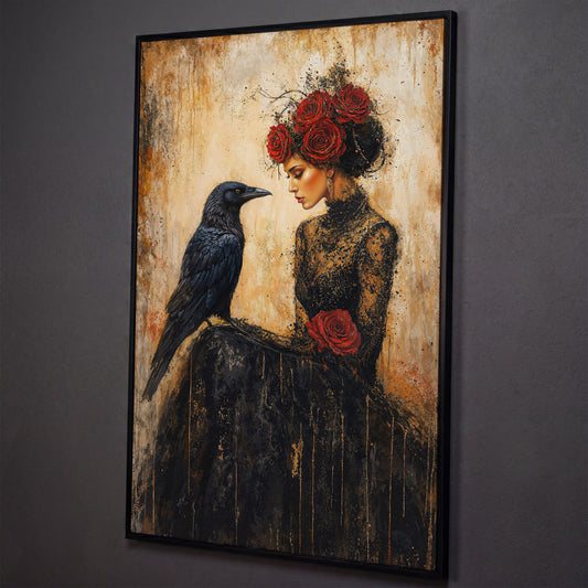 Gothic Lady and Raven Canvas with Red Roses shown in black floating frame