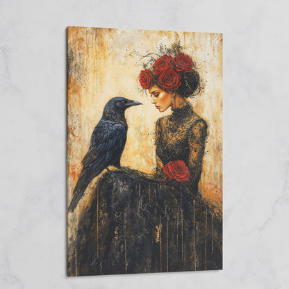 Gothic Lady and Raven Canvas with Red Roses on gallery wrap