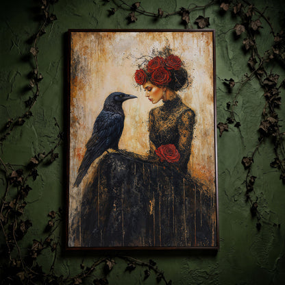Gothic Lady and Raven Canvas with Red Roses in dark walnut floating frame