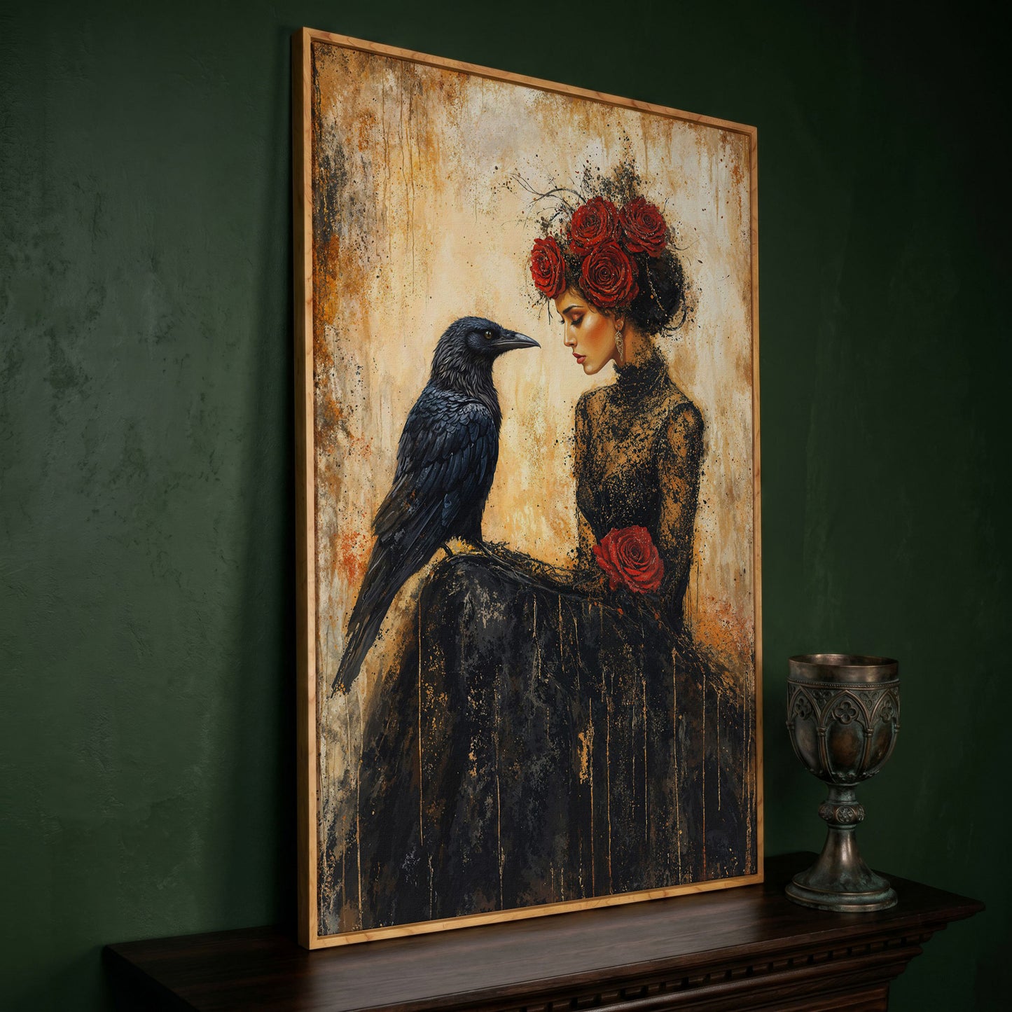 Gothic Lady and Raven Canvas with Red Roses in white oak floating frame