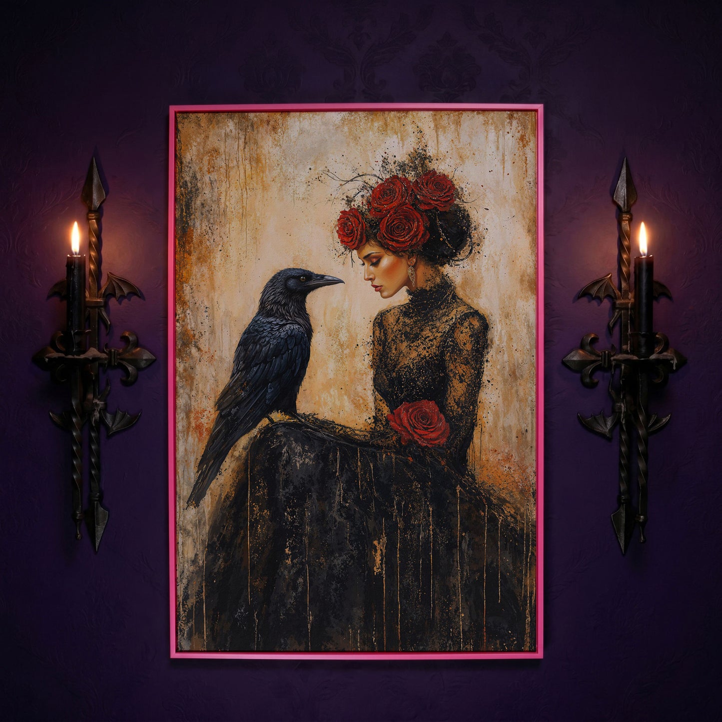 Gothic Lady and Raven Canvas with Red Roses in pink floating frame