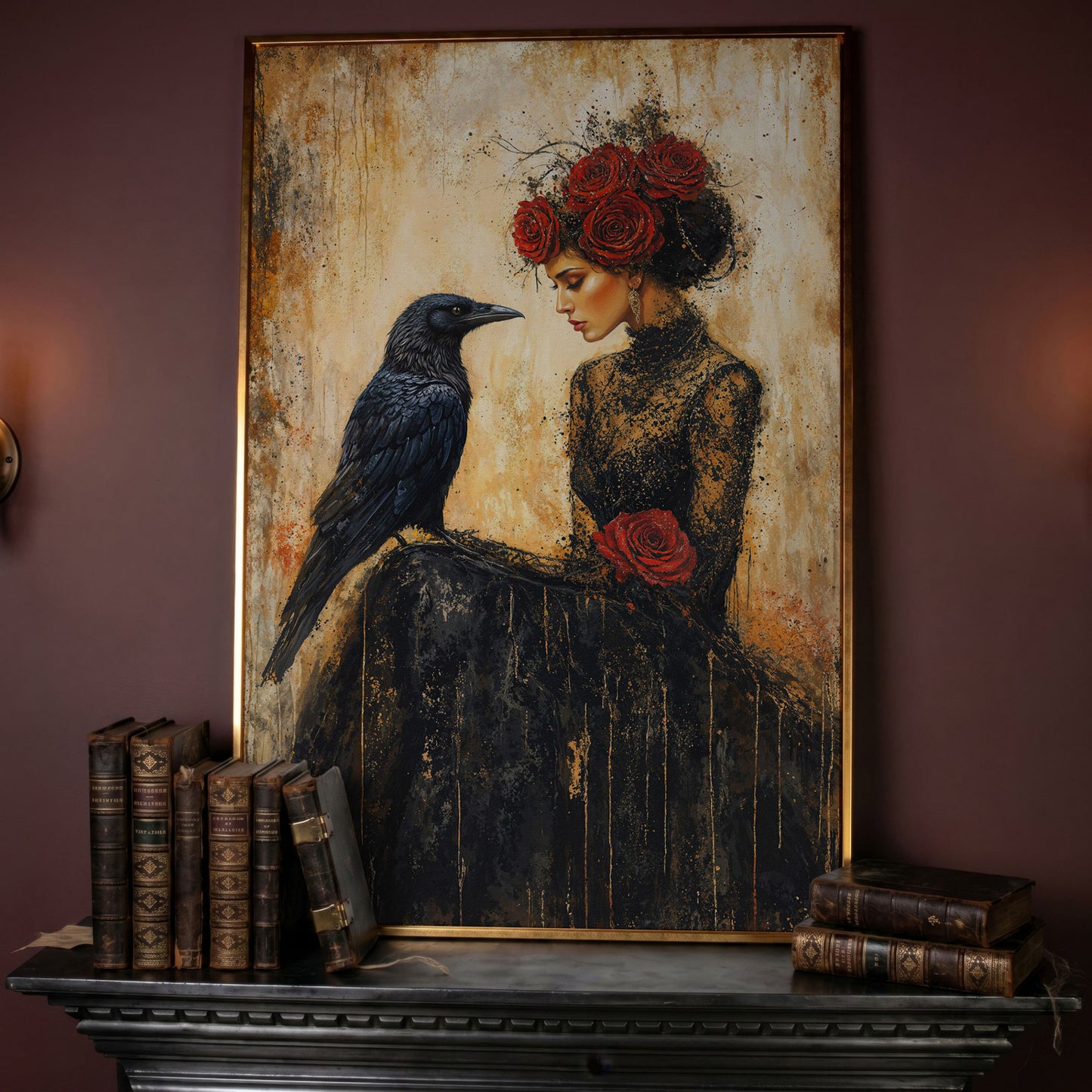 Gothic Lady and Raven Canvas with Red Roses in rose gold floating frame