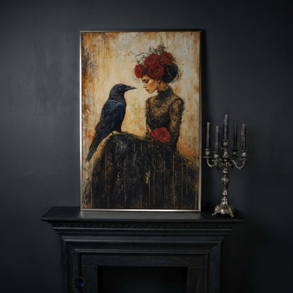 Gothic Lady and Raven Canvas with Red Roses in silver floating frame