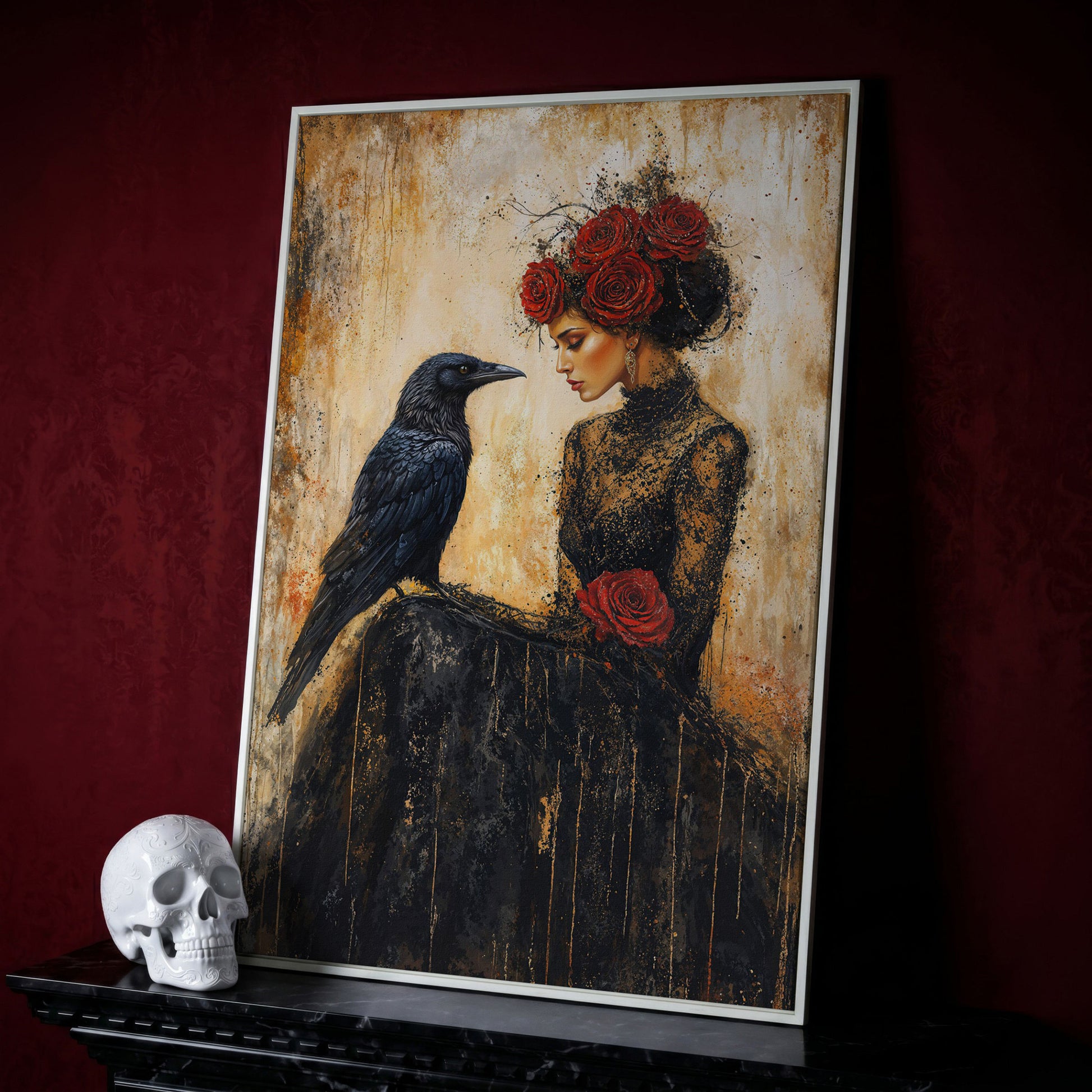 Gothic Lady and Raven Canvas with Red Roses in white floating frame
