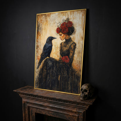 Gothic Lady and Raven Canvas with Red Roses in yellow gold floating frame