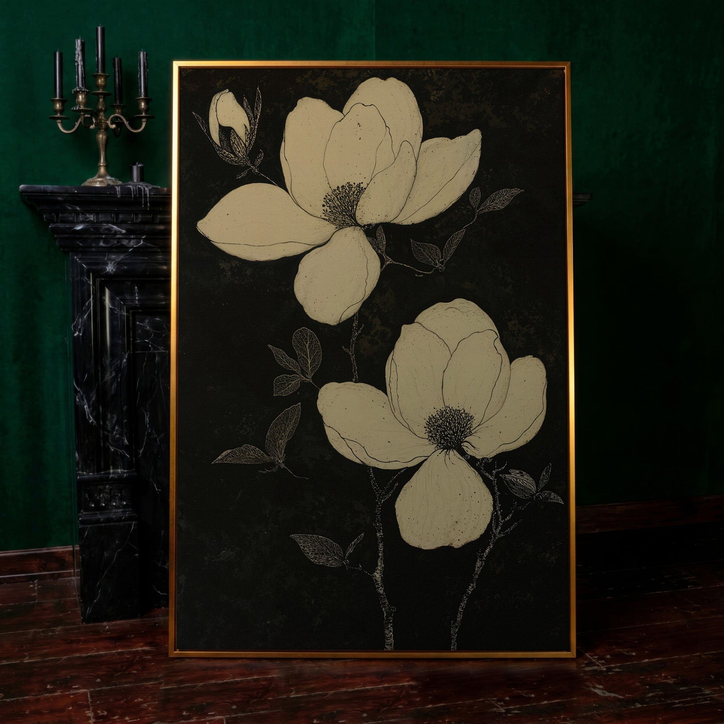 Magnolia Flowers in Monochrome Canvas Print in antique gold floating frame