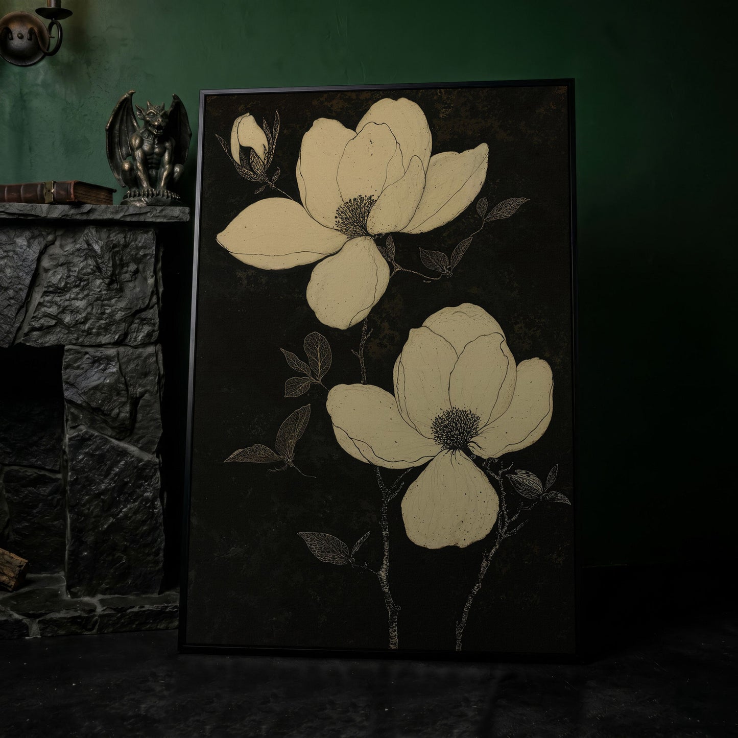 Magnolia Flowers in Monochrome Canvas Print in black floating frame