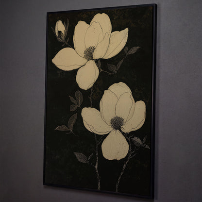 Magnolia Flowers in Monochrome Canvas Print shown in black floating frame