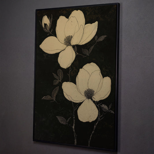 Magnolia Flowers in Monochrome Canvas Print shown in black floating frame