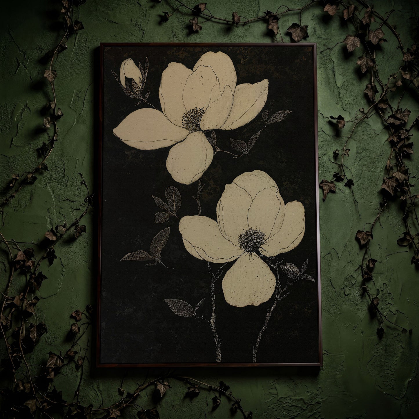 Magnolia Flowers in Monochrome Canvas Print in dark walnut floating frame