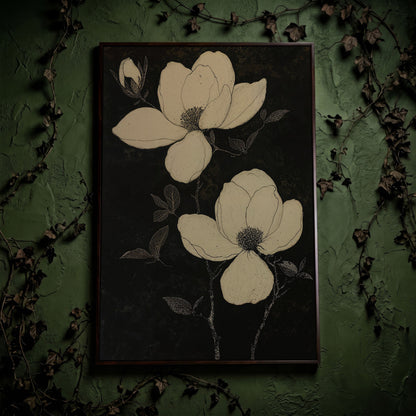 Magnolia Flowers in Monochrome Canvas Print in dark walnut floating frame