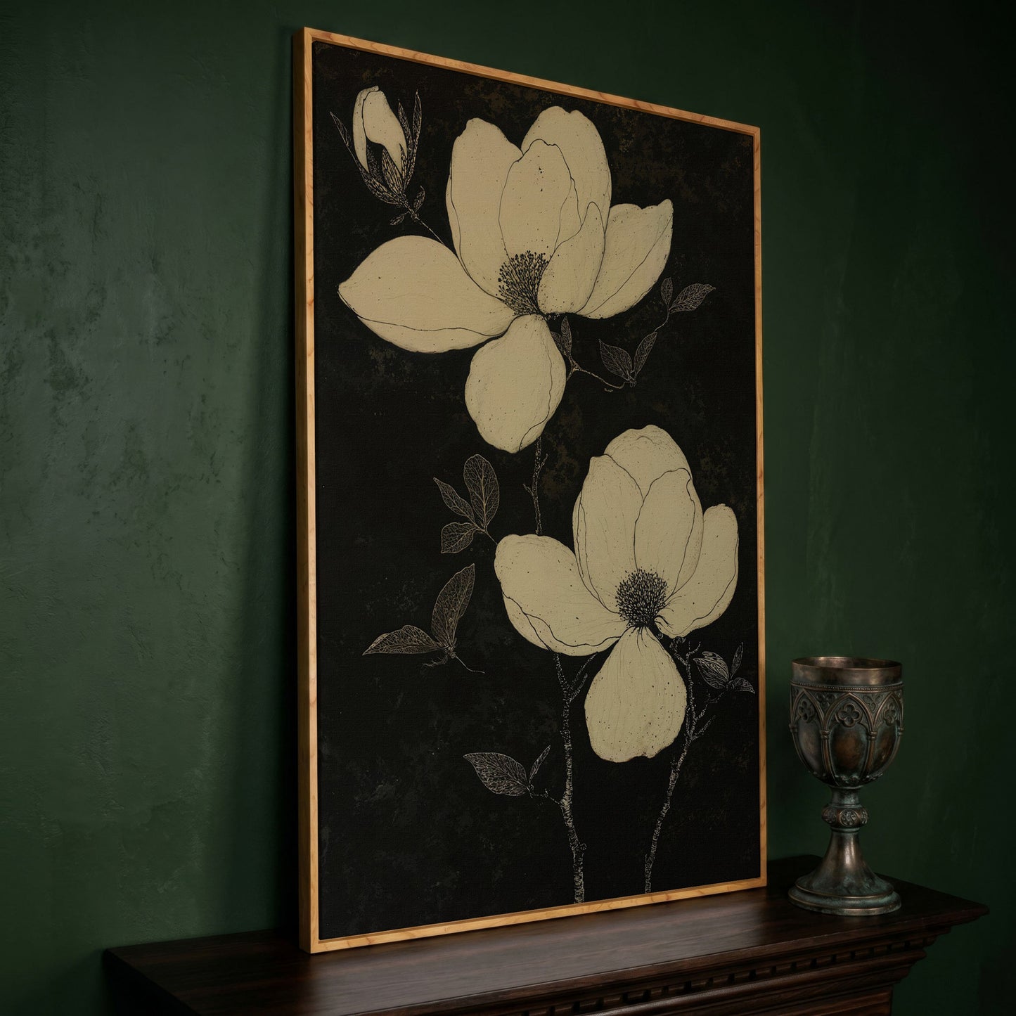 Magnolia Flowers in Monochrome Canvas Print in white oak floating frame