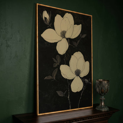 Magnolia Flowers in Monochrome Canvas Print in white oak floating frame