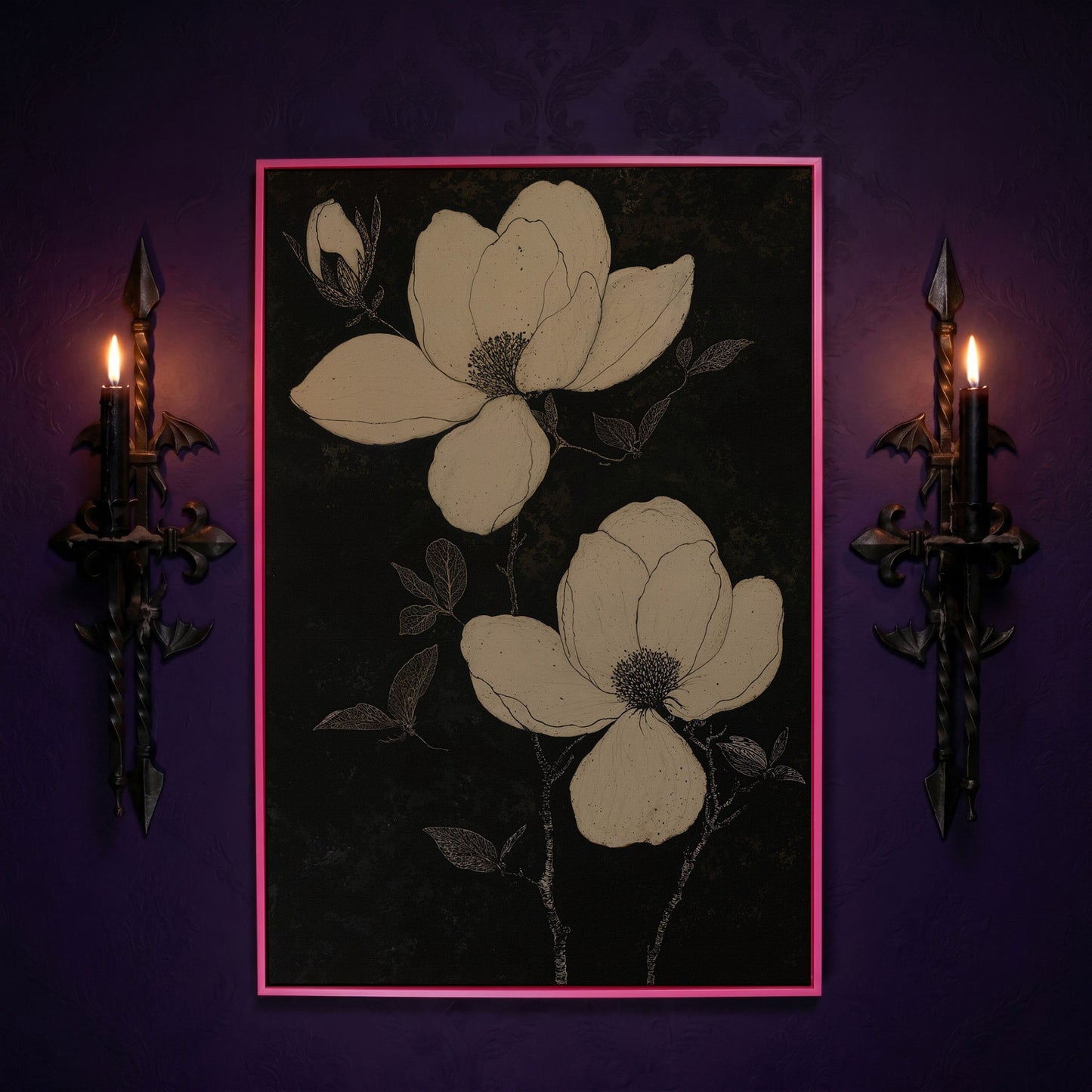 Magnolia Flowers in Monochrome Canvas Print in pink floating frame